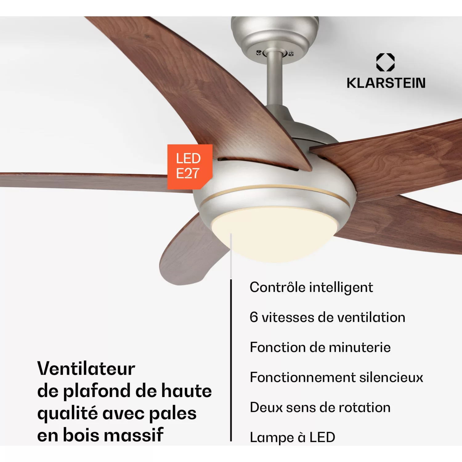 Ventilateur plafonnier KLARSTEIN Bolero 2en1 132 cm 55 W App 47 dB Bois – Image 2