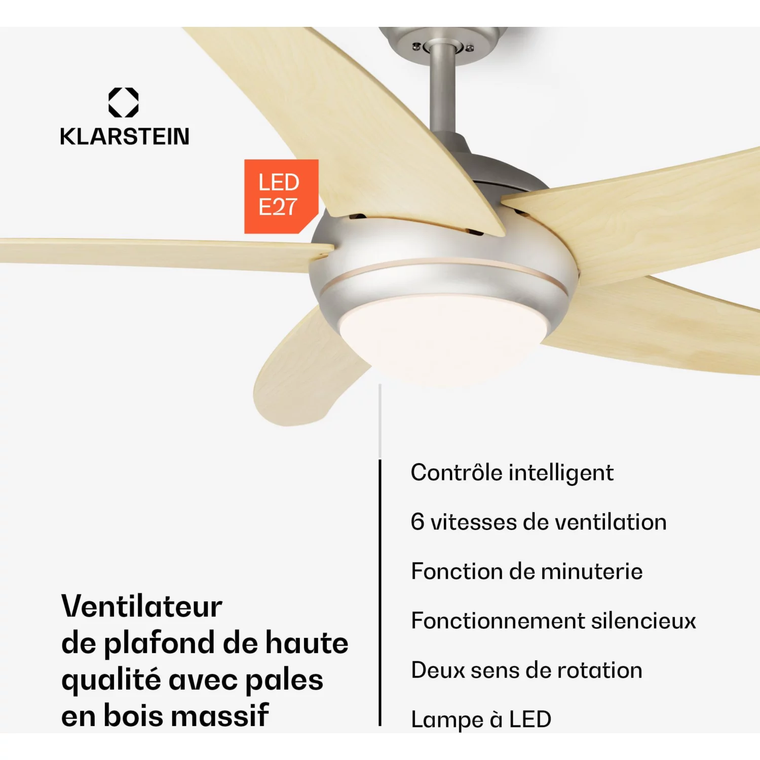 Ventilateur plafonnier Bolero 2en1 132cm 55W avec LED App Bois – Image 2